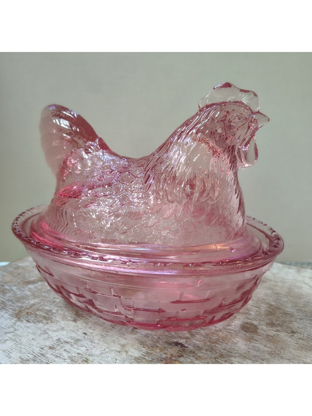 Longaberger Pink Glass Hen on Nest Covered Dish